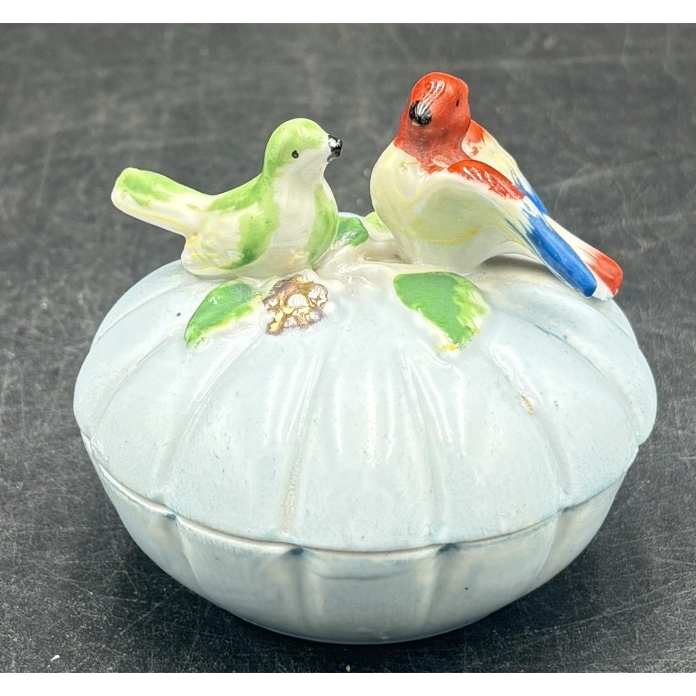 Vtg Baby Blue Trinket Box With Birds On Top Japan